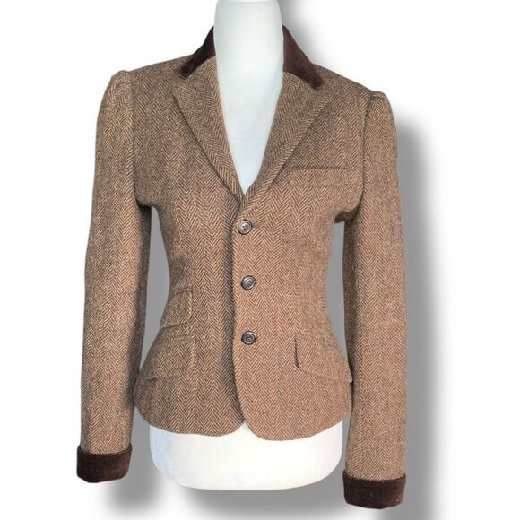 Vintage Ralph Lauren Rugby Blazer Structured Hourglass Herringbone Tweed Brown - Picture 3 of 13